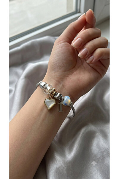 Bymiel Women's Silver Color Steel Rope Spiral Charm Bracelet with Heart and G...