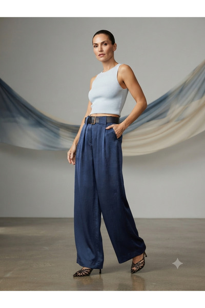 She Combines Women's Navy Blue Flowy Palazzo Cut Premium Tencel Fabric Belted...