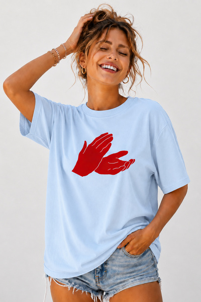 ArtYus Clap Hands Printed Unisex Oversize Beige T-Shirt – Cotton Crew Neck St...