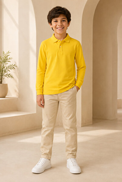 Loule Tricou unisex pentru copii, galben, cu mânecă lungă, cu guler polo, țes...