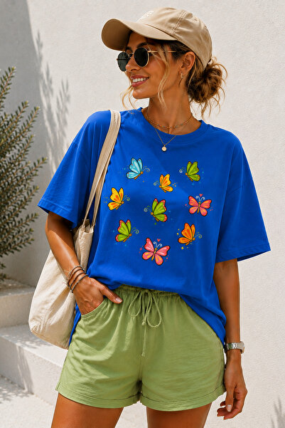 ArtYus Colorful Butterfly Printed Crew Neck Casual Unisex Oversize T-Shirt - ...
