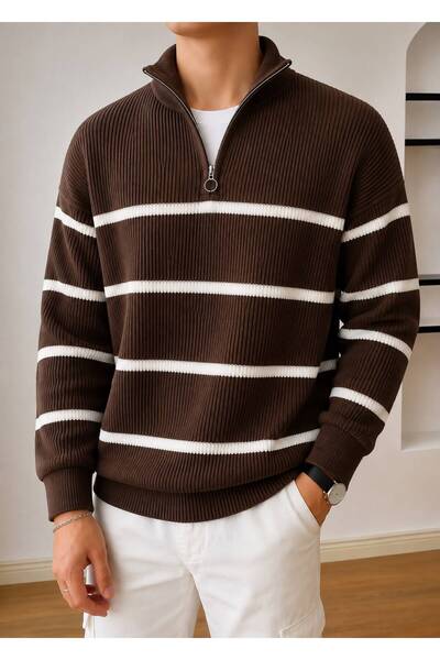 threeoff Men's Half Zipper Striped Knitwear Sweater Stand Collar Thessaloniki...