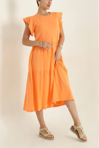 Hazinedan Women's Ruffled Sleeve Segmented Midi Cotton Dress