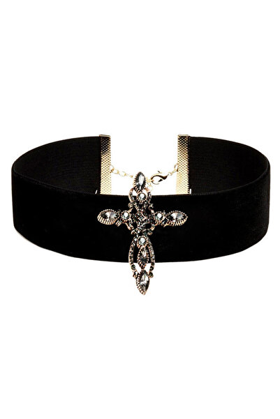 VeeShop Colier choker din catifea, cu medalion cruce mare vintage, cu cristal...