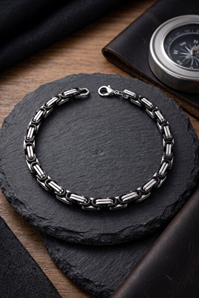 Mega Bazaar 316L Steel Black and Silver Color King Chain Model Men's Bracelet