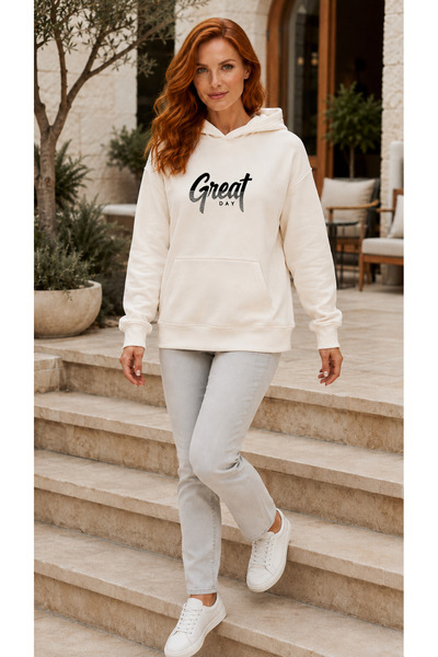 caddekombin سويت شيرت نسائي بطبعة Great Day وجيوب كانجارو وقلنسوة، مناسب للار...