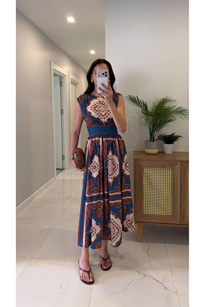 BİRCANÇİL Teksa Multi-Colored Patterned Dress with Shoulder Detail