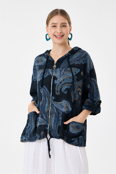 della moor Black Italian Shawl Pattern Hooded Zippered Oversize Jacket Blouse...