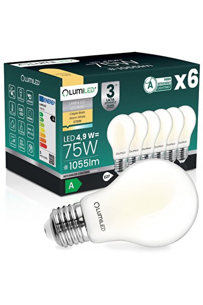 Lumiled 6x Bec LED E27 A60 4.9W 1055lm = 75W 2700K Cald 360 °   Filament CLASA A