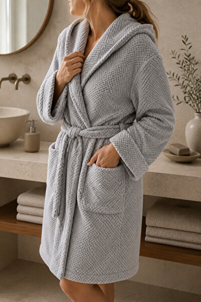 Menderes Home La Notte Halat de baie cu glugă din tricot de orez XL Gri