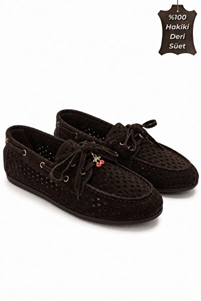 İX Cherina Women's Cherry Charm Detailed Perforated Genuine Leather Suede Loafer