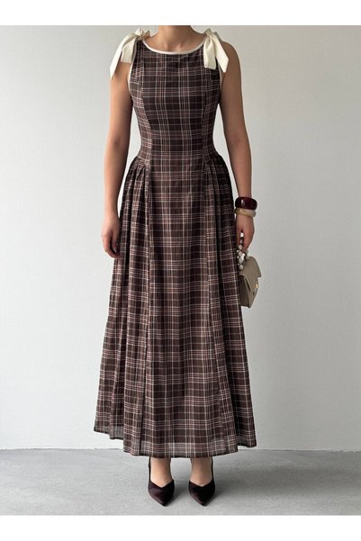Moda Days Women's Brown Plaid Patterned Bow Shoulder Round Neck Gathered Midi Dress