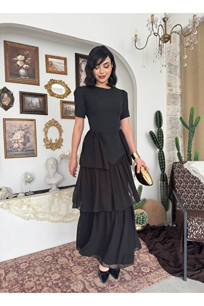 Clothes Fast Γυναικείο μαύρο φόρεμα από σιφόν με στρώσεις, δέσιμο στην πλάτη ...