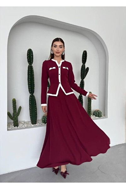 Clothes Fast Women's Burgundy Skirt Suit with Contrast Piping and Button Deta...