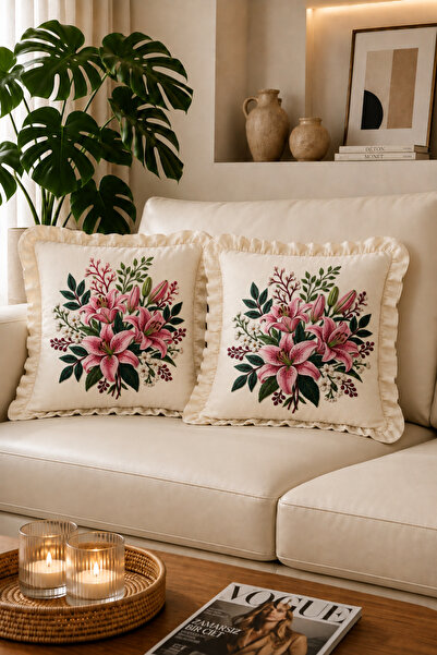 ACELEYOLLA 2-Piece Ruffled Pink Lily Flower Patterned Throw Pillow Cover 100%...