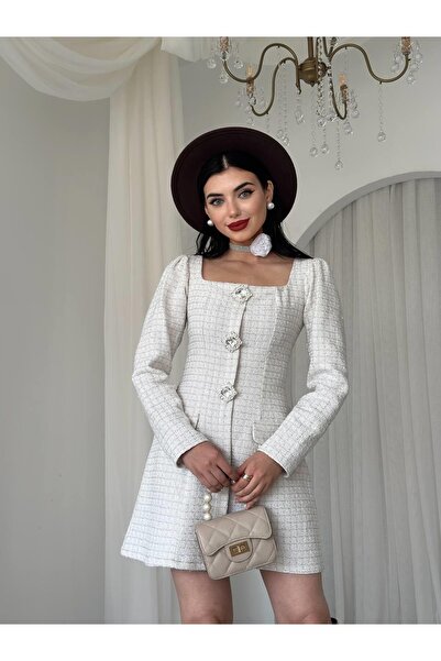 Clothes Fast Women's Ecru Mini Dress Square Collar Button Detail Long Sleeve ...