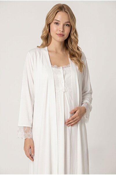 Pelin Women's Ecru Lace Detailed Nursing Nightgown Set with Dressing Gown for...