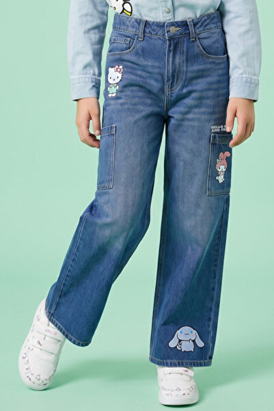 R&B Hello Kitty & Friends Print Wide Leg Jeans with Button Closure