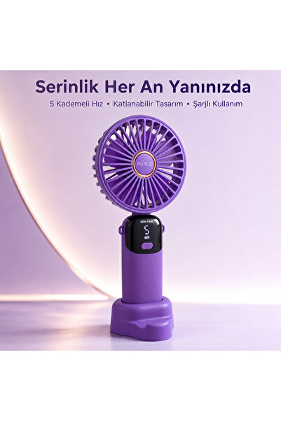 MKIO Katlanabilir Şarjlı El Fanı 5 Kademeli 1200 mAh LED Göstergeli Taşınabil...