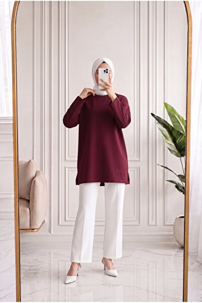 MİHRA STORE Mahay Heart Embroidered Slit Tunic-Ss13074 Claret Red