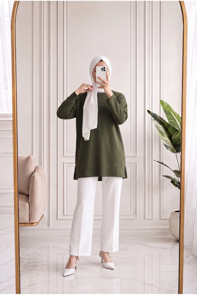 MİHRA STORE Mahay Heart Embroidered Slit Tunic-Ss13074 Khaki