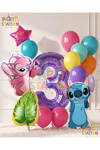 Parti Station Lilo Stitc Balloon and Angel Balloon 3 Year Old 14 Piece Birthd...
