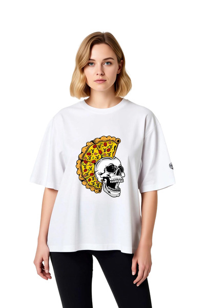 PayBuy Women's Oversize Graphic Printed T-Shirt Pizza Skull Design Relaxed Fi...
