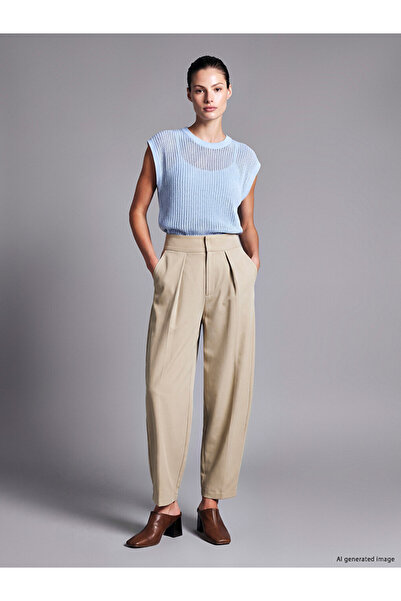 LC Waikiki Lcw Modest Beige High Waist Baggy Cut Pleated Women's Fabric Trousers