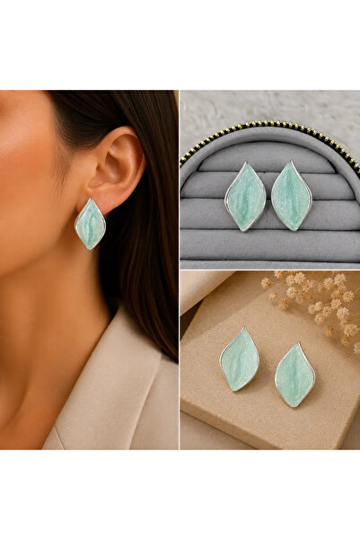 Bozhi Mint Green Leaf Patterned Silver Color Women's Earrings Silver Elegant ...
