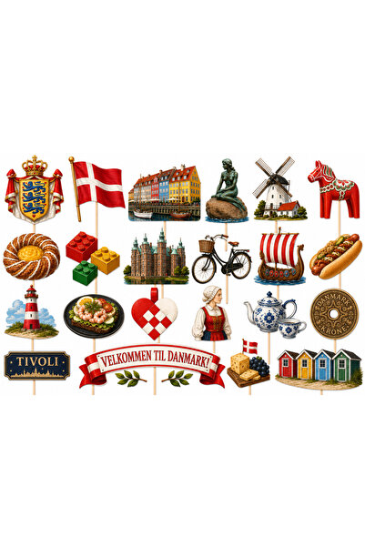DecoParty Set de decorațiuni pentru tort – Tematică Danemarca, 22 de piese, C...
