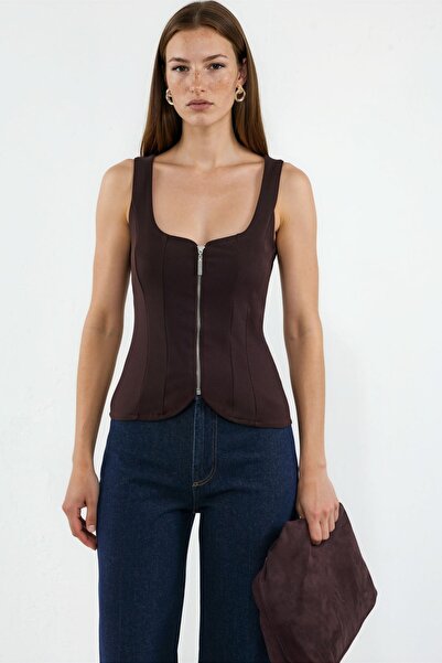 Hiccup Bodycon Square Neck Zipper Sleeveless Blouse