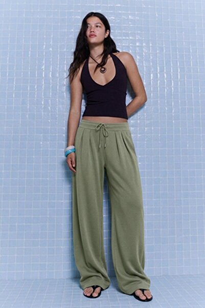 DAMGA JEANS Women's Pleated Green Palazzo Fabric Trousers