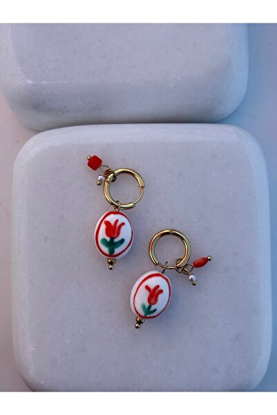 Tuysa Jewelry Özel Seri 316L Çelik Çıkarılabilir Charmlı Seramik Lale Halka Küpe