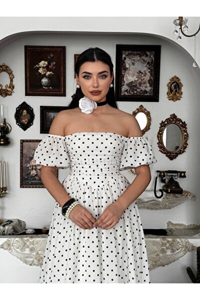 Moda Days Rochie midi cu mâneci bufante, cu șnur, cu buline ecru, pentru femei