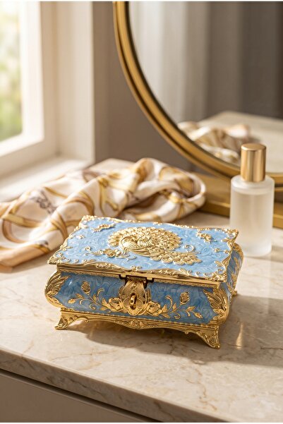 RASHA COLLECTION Peacock Patterned Vintage Jewelry Box with Gold Color Detail