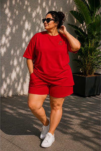 Rubonia Women's Plus Size Cherry Print Oversize 2-Piece T-Shirt Shorts Set Co...