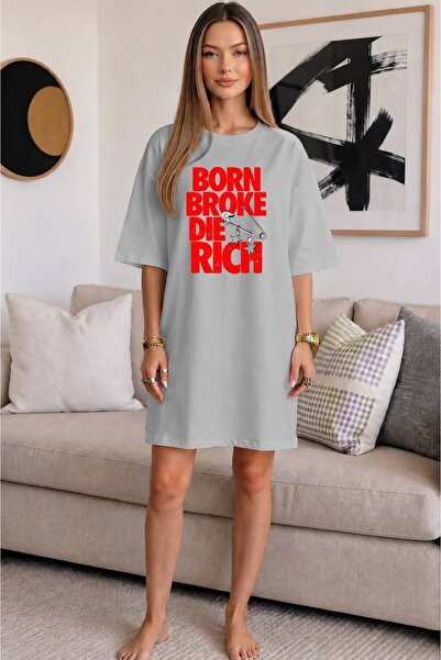 JANTIL MODA Crew Neck Safety Pin Detailed "Born Broke Die Rich" Written Extra...