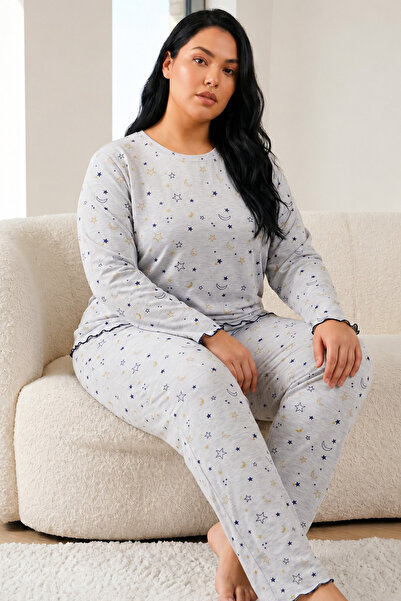 Siyah İnci Gray Melange Patterned Lycra Large Size Oversized Knitted Pajama S...
