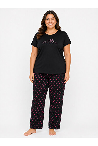 FAMES PİJAMA Plus Size Women's Summer Short Sleeve Awesome Black Pajama Set