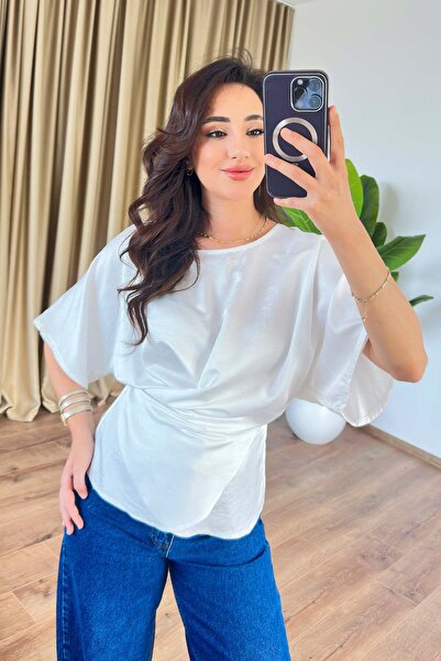 Moda Days Women's White Draped Blouse with Tie Detail, Short Sleeves, Round Neck