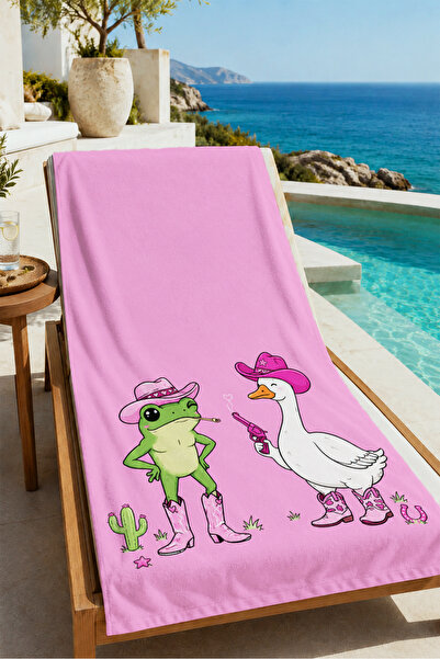 Evmila Pink Minimal Patterned 70X150 Beach Towel with Cute Frog and Goose Fig...