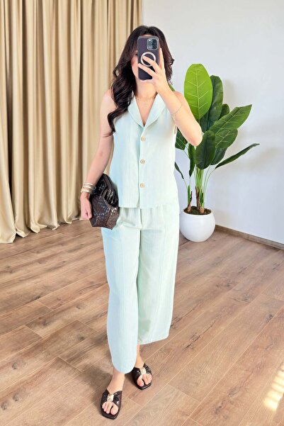 Clothes Fast Women's Mint Green Top and Bottom Set Linen Vest Pants Set Butto...