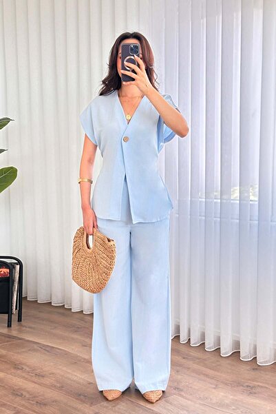 Moda Days Women's Baby Blue Top and Bottom Set Linen Double Set Single Button...