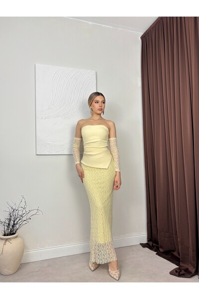 Clothes Fast Women's Yellow Strapless Lace Sleeves Asymmetrical Cut Fish Form...