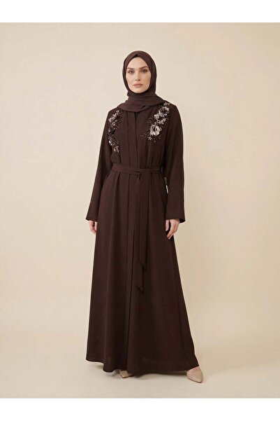 Beyza Belted Embroidery Accessory Detailed Brown Abaya 9679