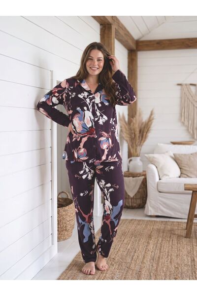BALİS PİJAMA Women's Small Floral Patterned Plus Size Buttoned Pajama Set Lon...