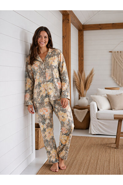 BALİS PİJAMA Women's Small Floral Patterned Plus Size Buttoned Pajama Set Lon...