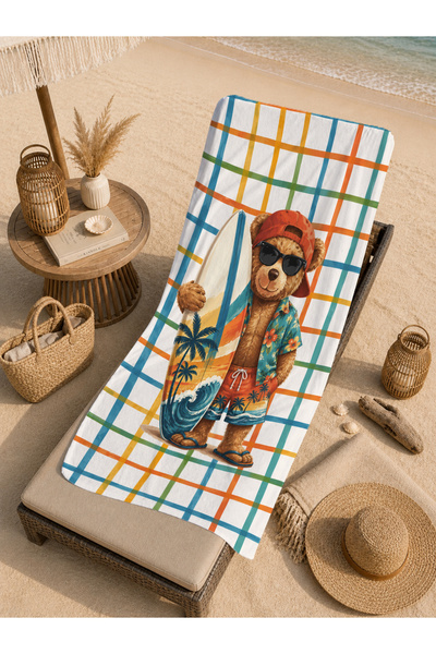 Evmila Cute Bear with Glasses Summer Plaid Patterned 70X150 Beach Towel - Dig...