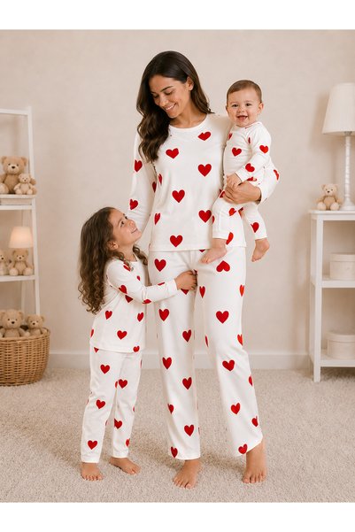 Drop Kids Mother-Child Combination Long Pajama Set Red Heart Pattern