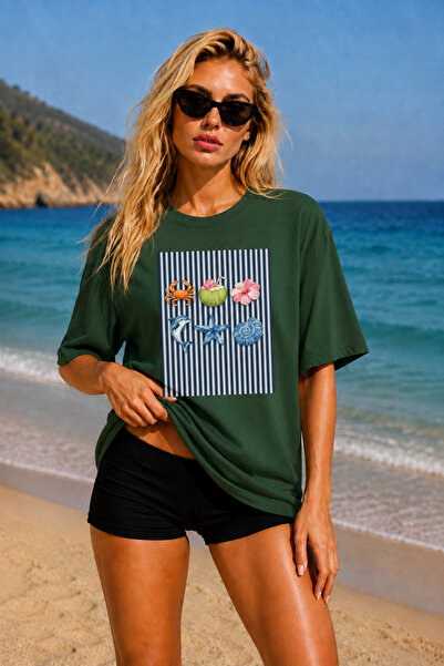 FECCY Premium Sea Print Oversize Women's T-Shirt Men's T-Shirt Cotton Oversiz...